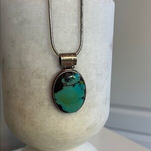 Sterling Silver Turquoise Oval Pendant Necklace - Teal Blue Green